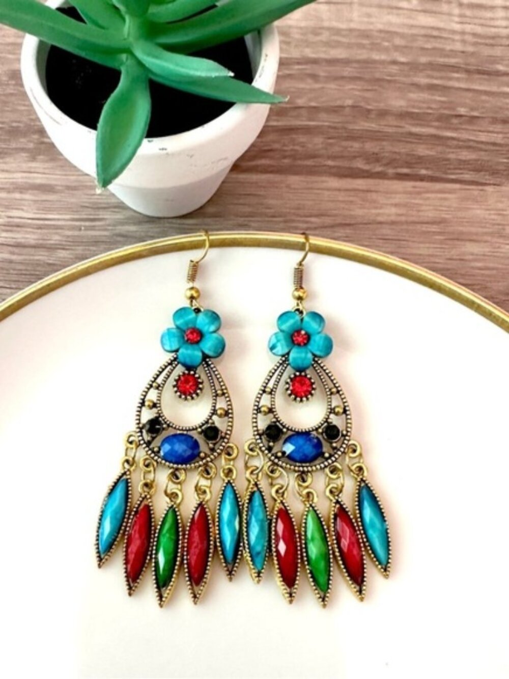 2/$30🌵 Floral Chandelier Earrings Colorful Stones Boho Bollywood Jewelry NEW